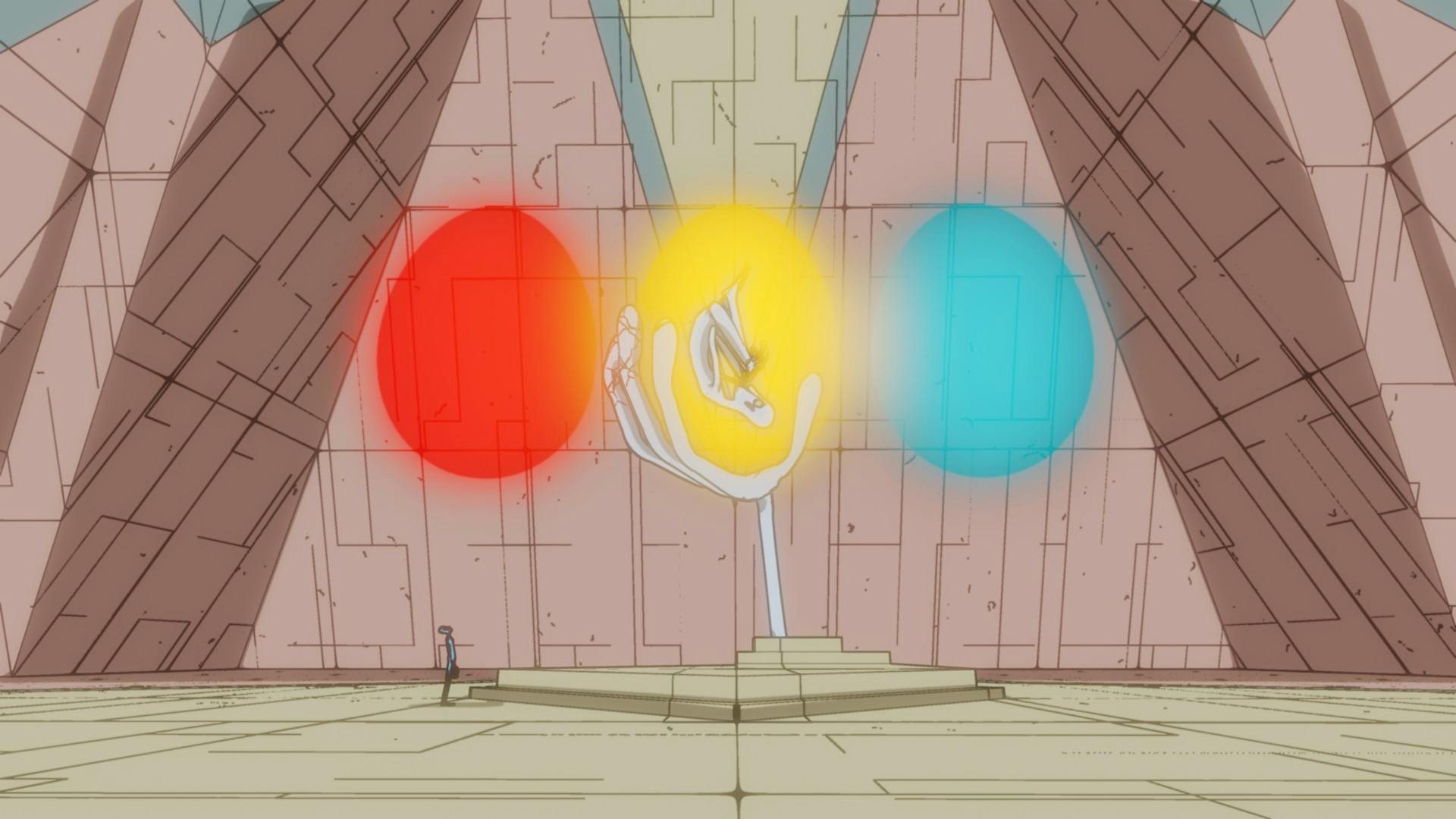 A cartoon figure looking up at a giant curled-up statue suspended in a glowing egg